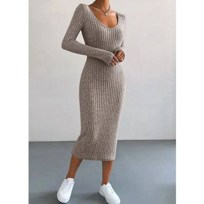 Elegant Knit U-Neck Long-Sleeve Dress