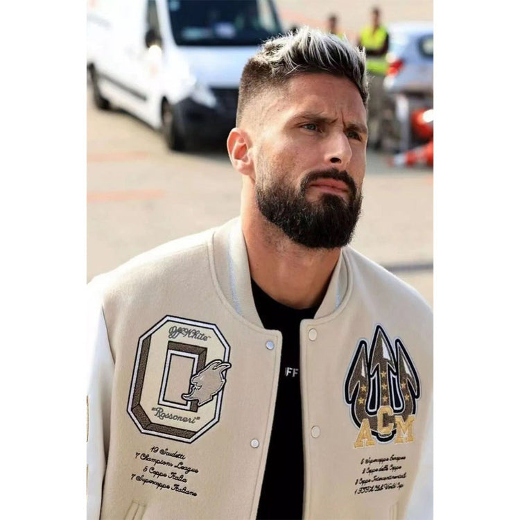 Trendy Brand European And American Trendy Brand AC Milan Heavy Craft Embroidery Stitching Leather Sleeve OFF All-match Baseball Suit Jacket Coat