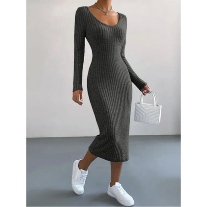 Elegant Knit U-Neck Long-Sleeve Dress