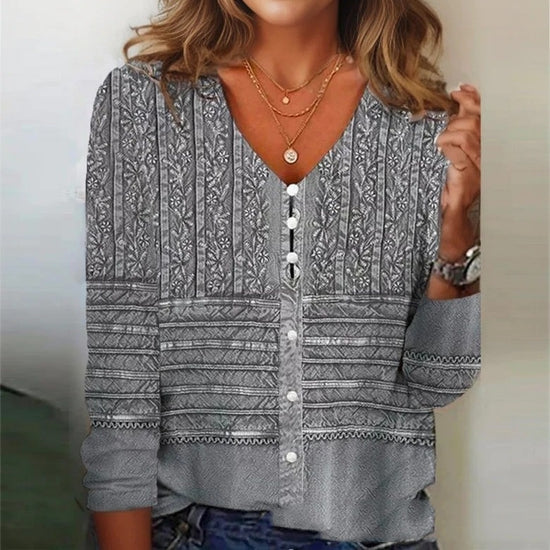 Explore the charm of our Spring and Autumn V-neck Top with a vibrant new pattern! Perfect for transitional seasons, it combines comfort and style effortlessly.