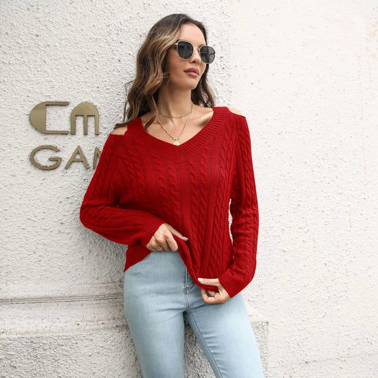 Off-Shoulder V-Neck Loose Sweater